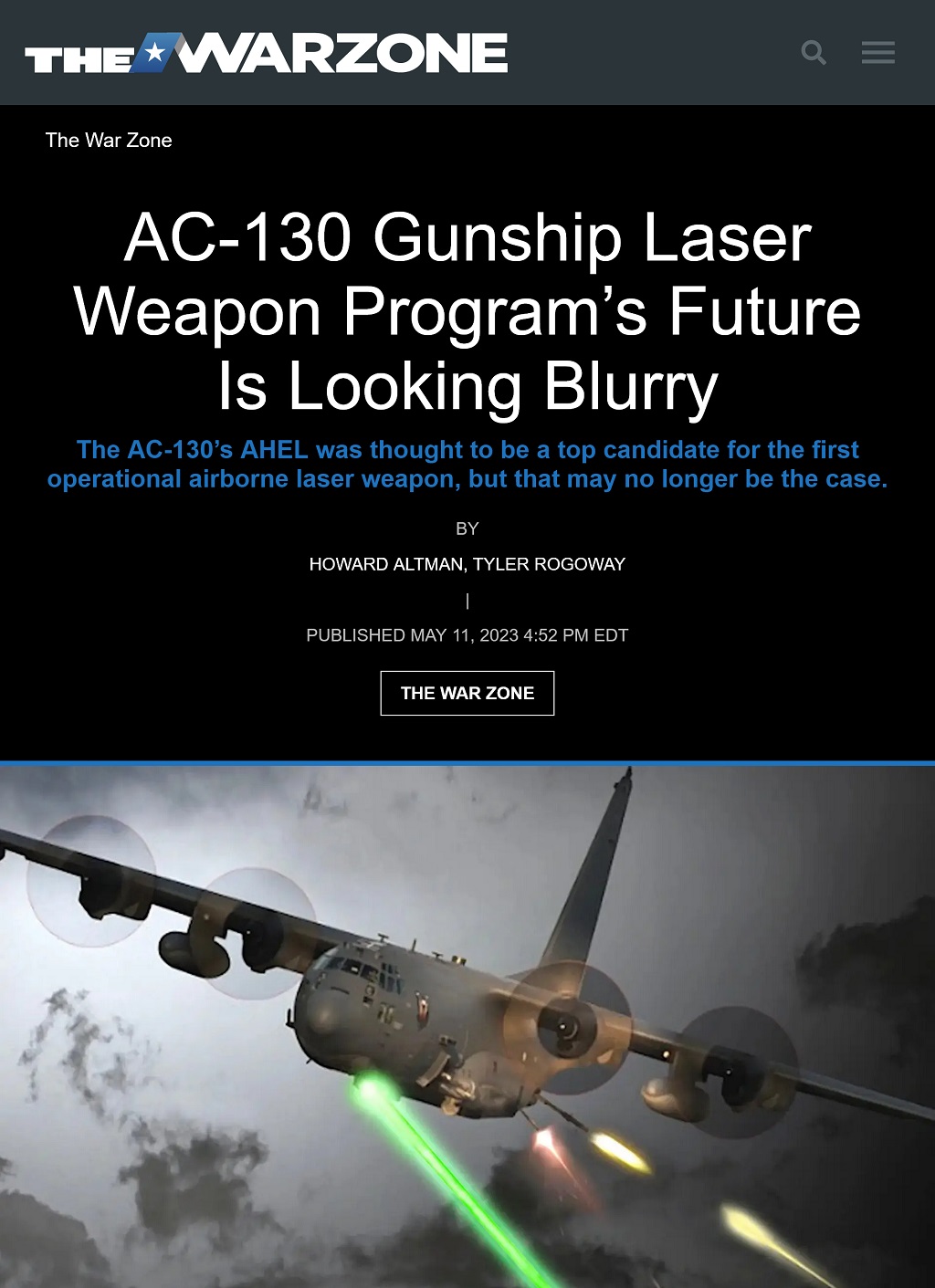 AC-130 Gunship Laser Weapon Program’s Future Is Looking Blurry by Howard Altman, Tyler Rogoway, The War Zone 5/11/2023