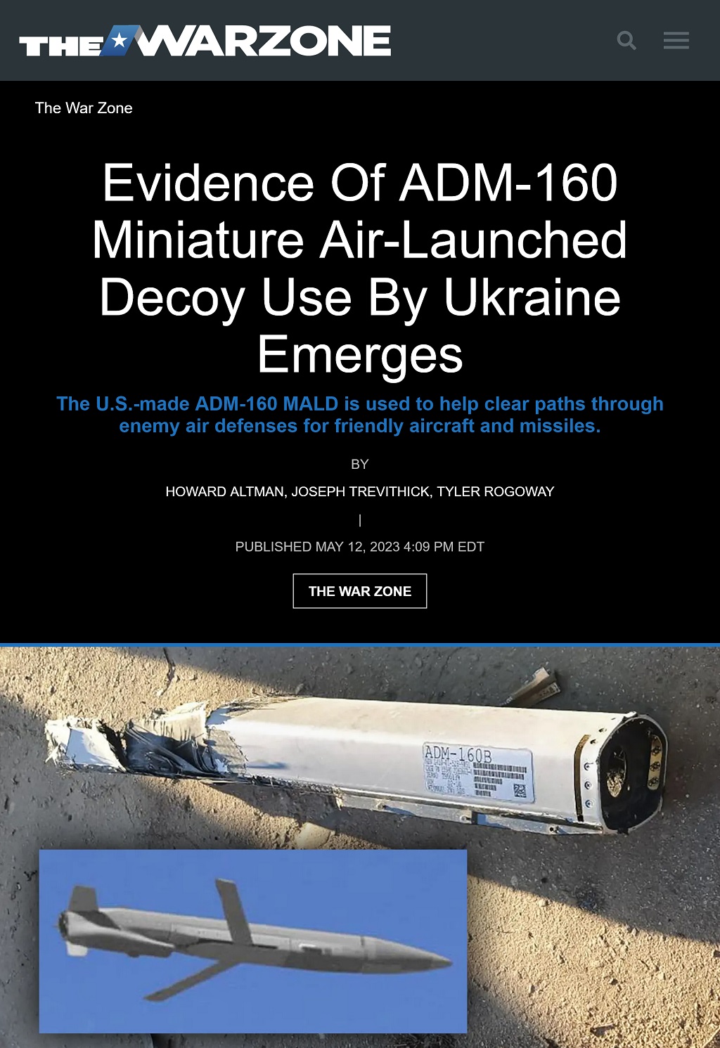 Evidence Of ADM-160 Miniature Air-Launched Decoy Use By Ukraine Emerges by Howard Altman, Joseph Trevithick, Tyler Rogoway, The War Zone 5/12/2023