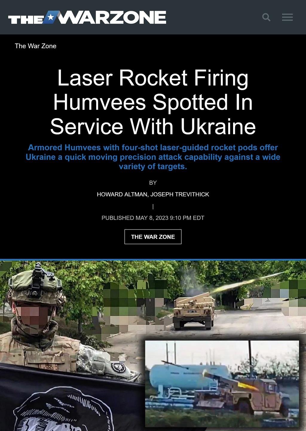 Laser Rocket Firing Humvees Spotted In Service With Ukraine by Howard Altman and Joseph Trevithick, The War Zone 5/8/2023
