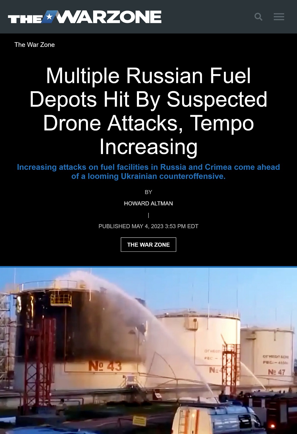 Multiple Russian Fuel Depots Hit By Suspected Drone Attacks, Tempo Increasing by Howard Altman, The War Zone 5/4/2023