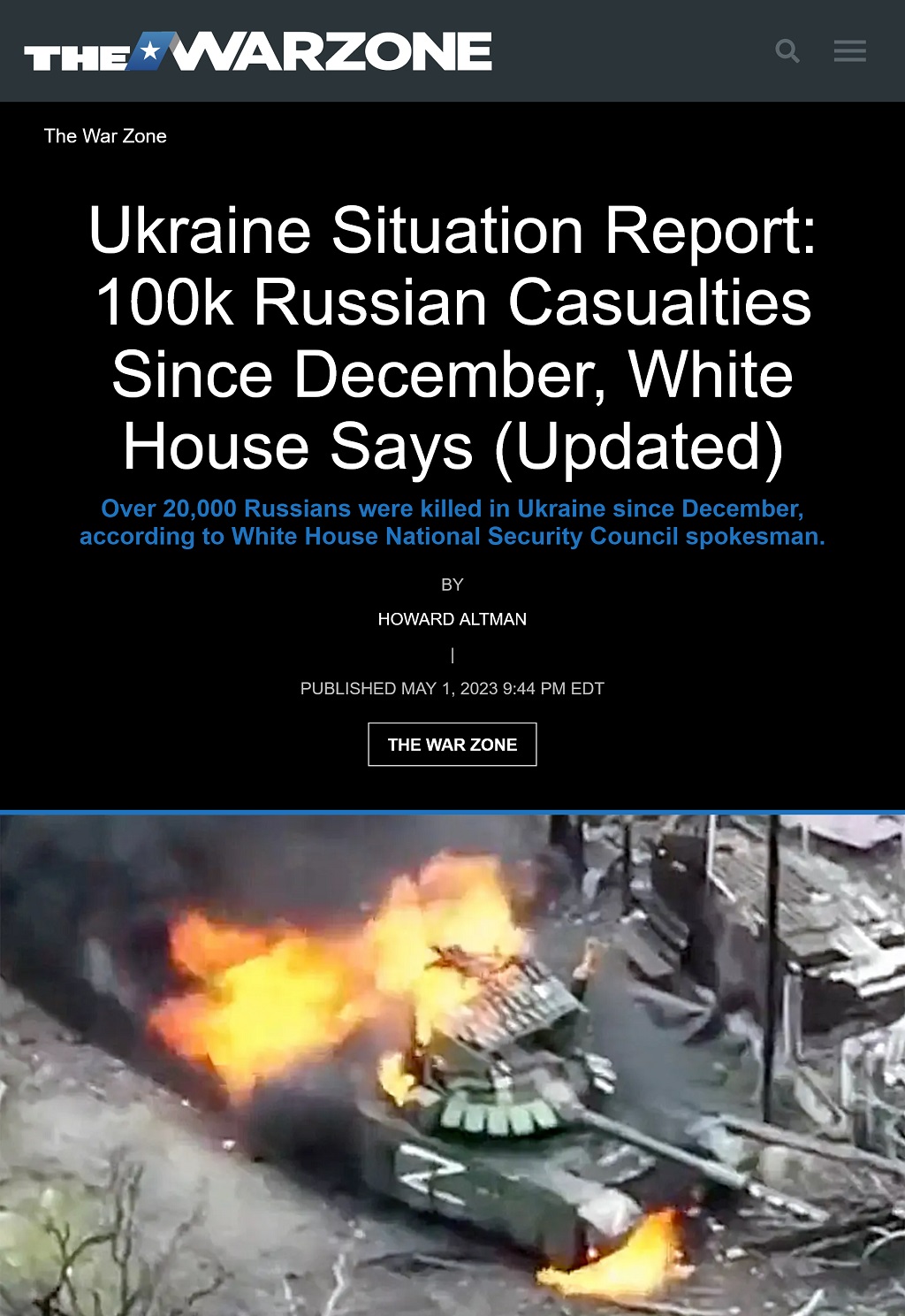 Ukraine Situation Report: 100k Russian Casualties Since December, White House Says -- Updated by Howard Altman, The War Zone 5/1/2023