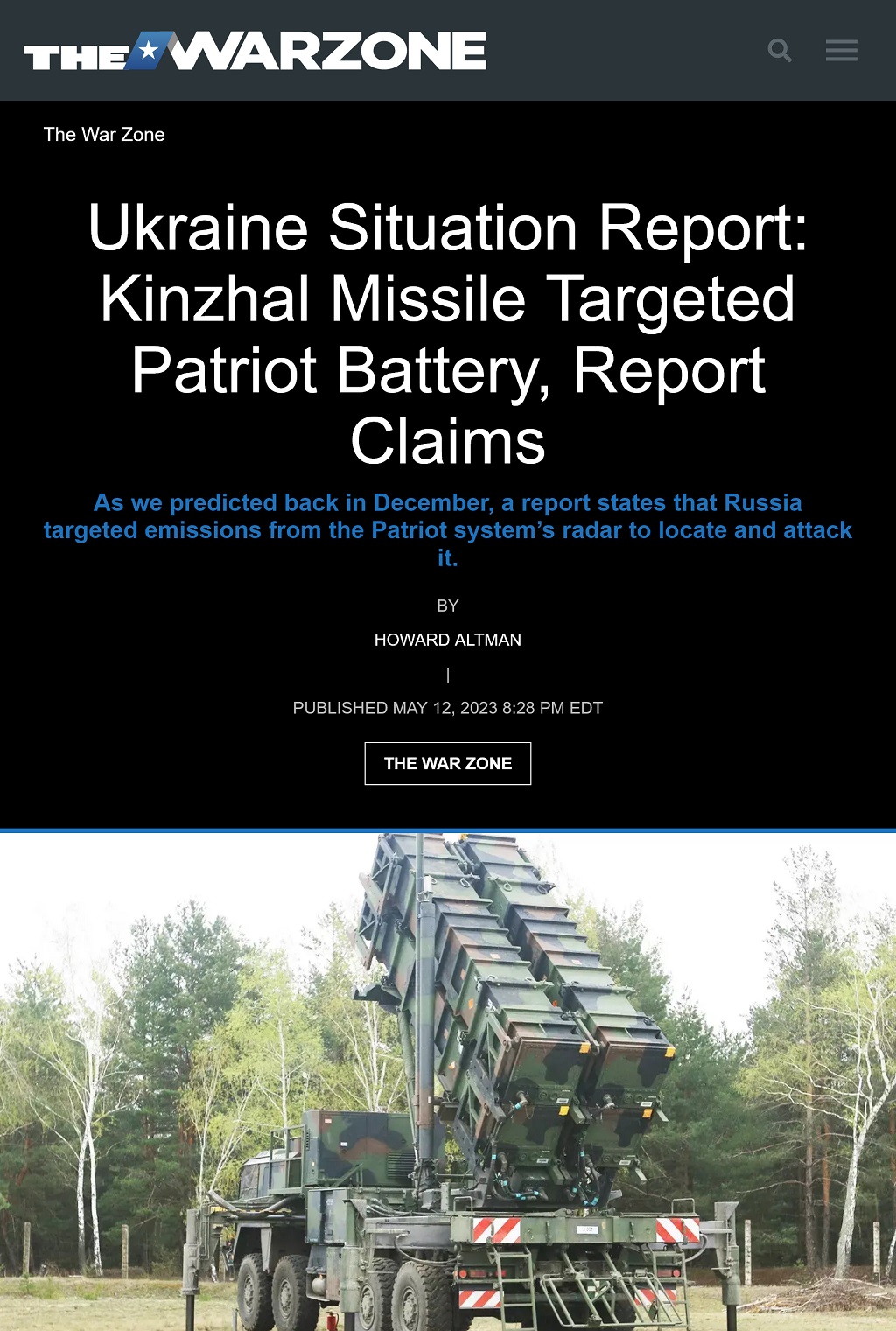 Ukraine Situation Report: Kinzhal Missile Targeted Patriot Battery, Report Claims by Howard Altman, The War Zone 5/12/2023