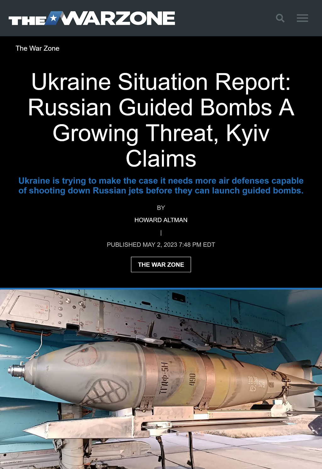 Ukraine Situation Report: Russian Guided Bombs A Growing Threat, Kyiv Claims by Howard Altman, The War Zone 5/2/2023