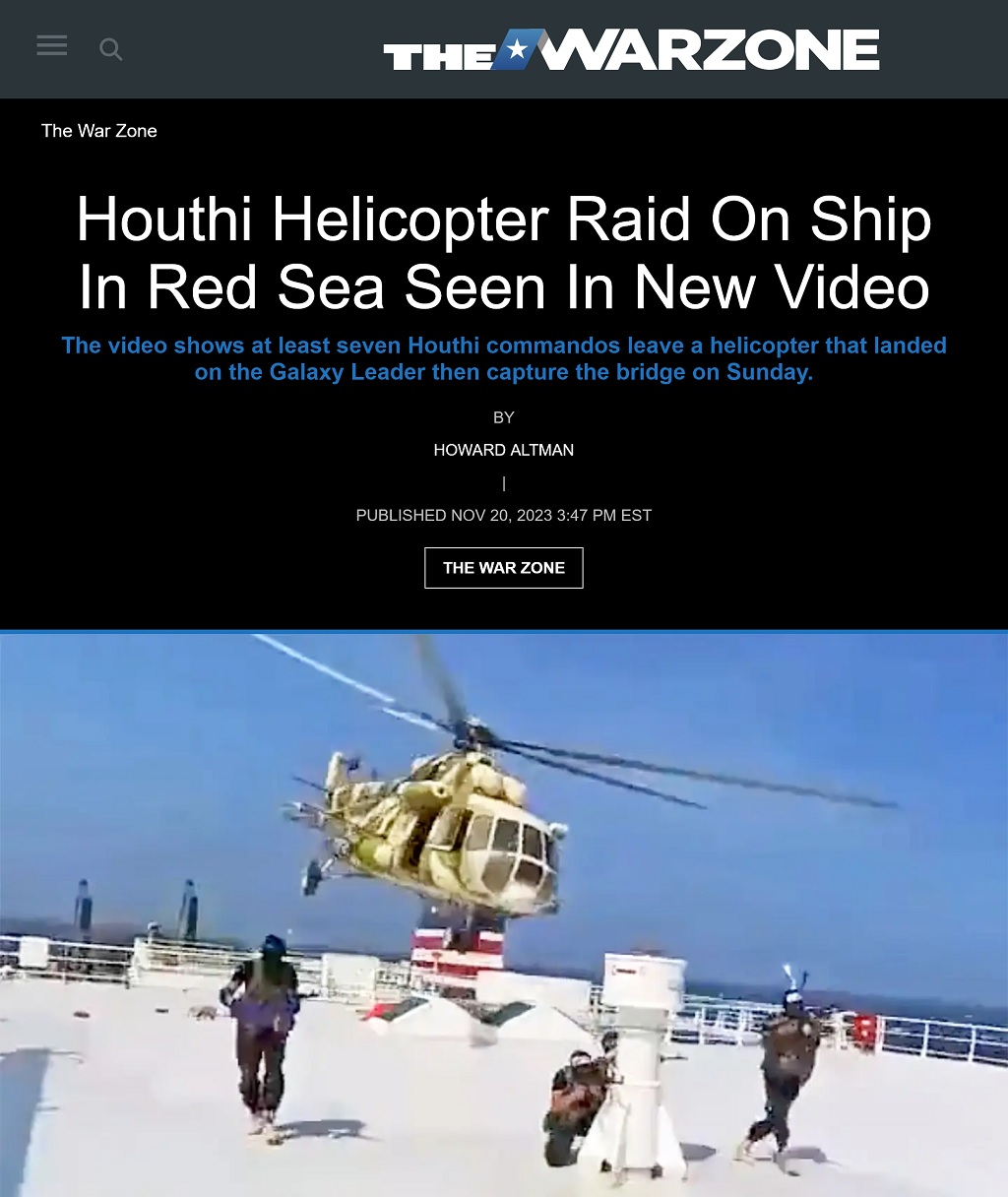 Houthi Helicopter Raid On Ship In Red Sea Seen In New Video by Howard Altman, The War Zone, 11/20/2023