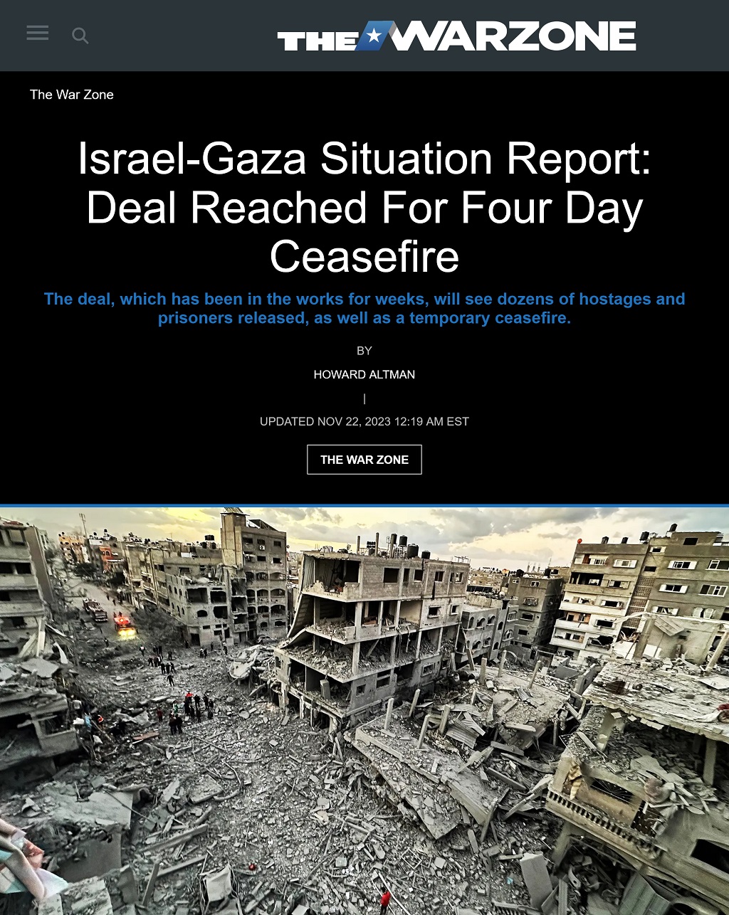 Israel-Gaza Situation Report: Deal Reached For Four Day Ceasefire by Howard Altman, The War Zone, 11/21/2023