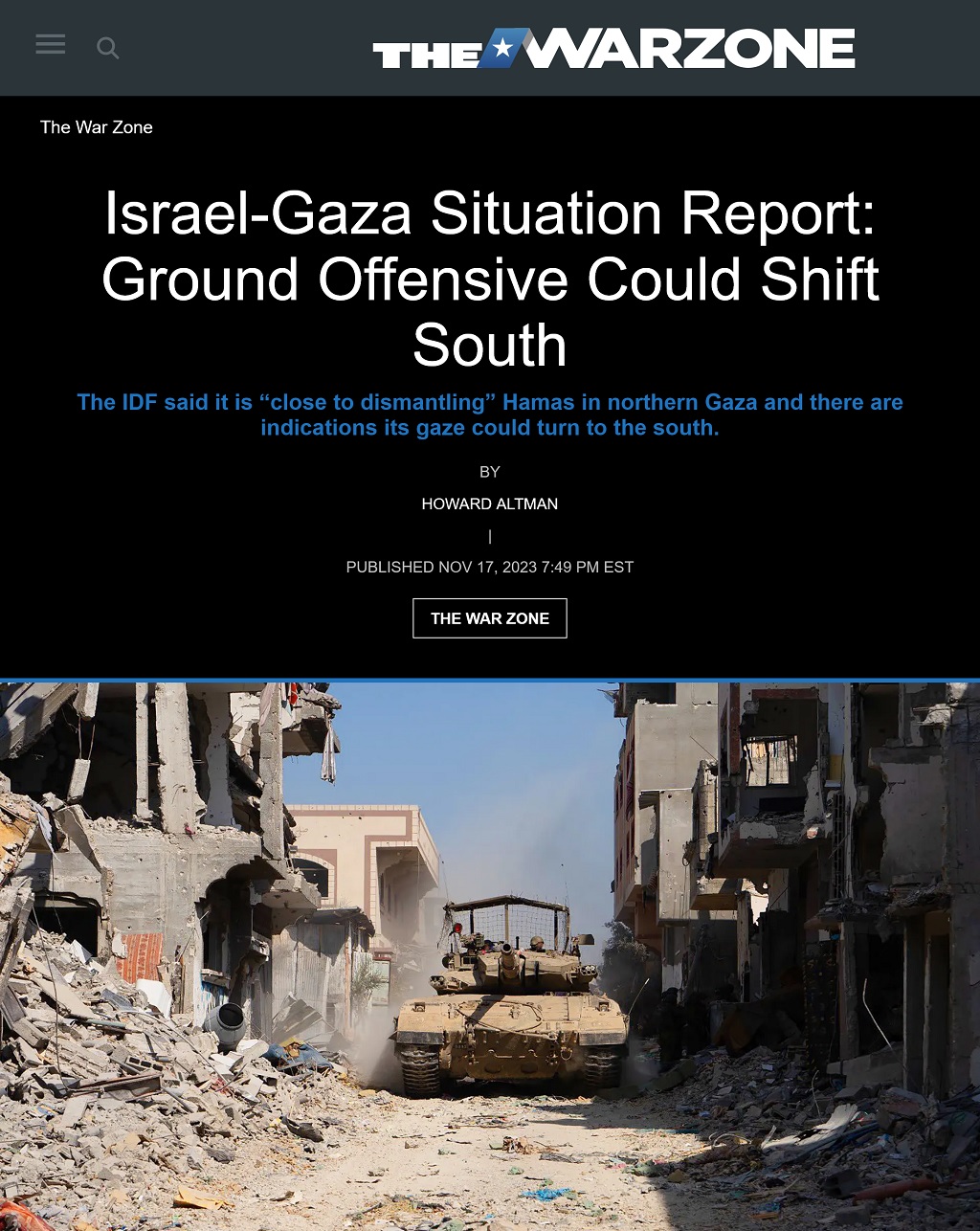 Israel-Gaza Situation Report: Ground Offensive Could Shift South by Howard Altman, The War Zone 11/17/2023