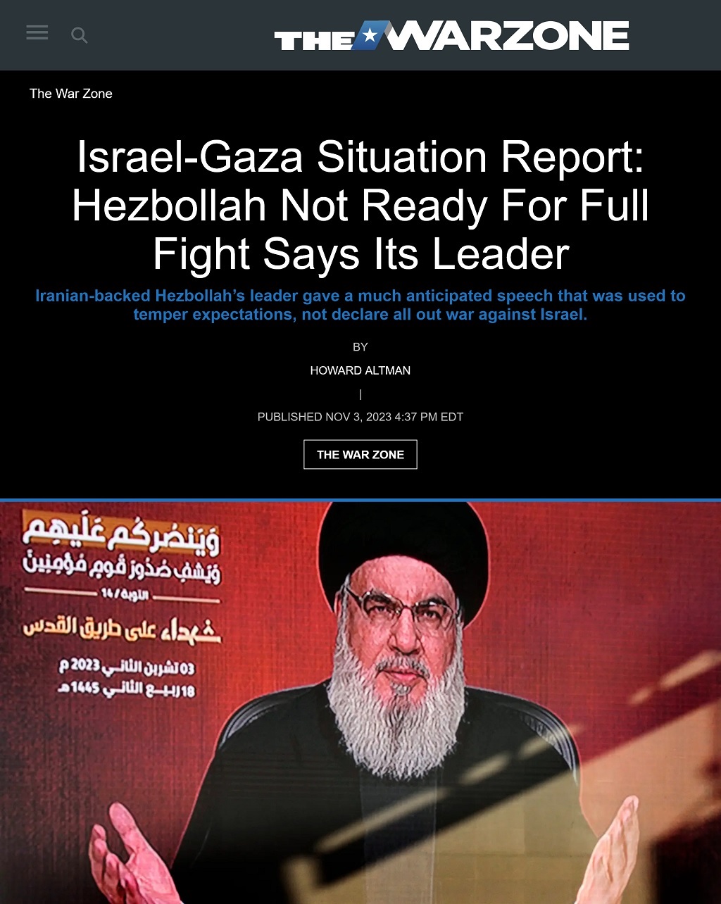 Israel-Gaza Situation Report: Hezbollah Not Ready For Full Fight Says Its Leader by Howard Altman, The War Zone, 11/3/2023