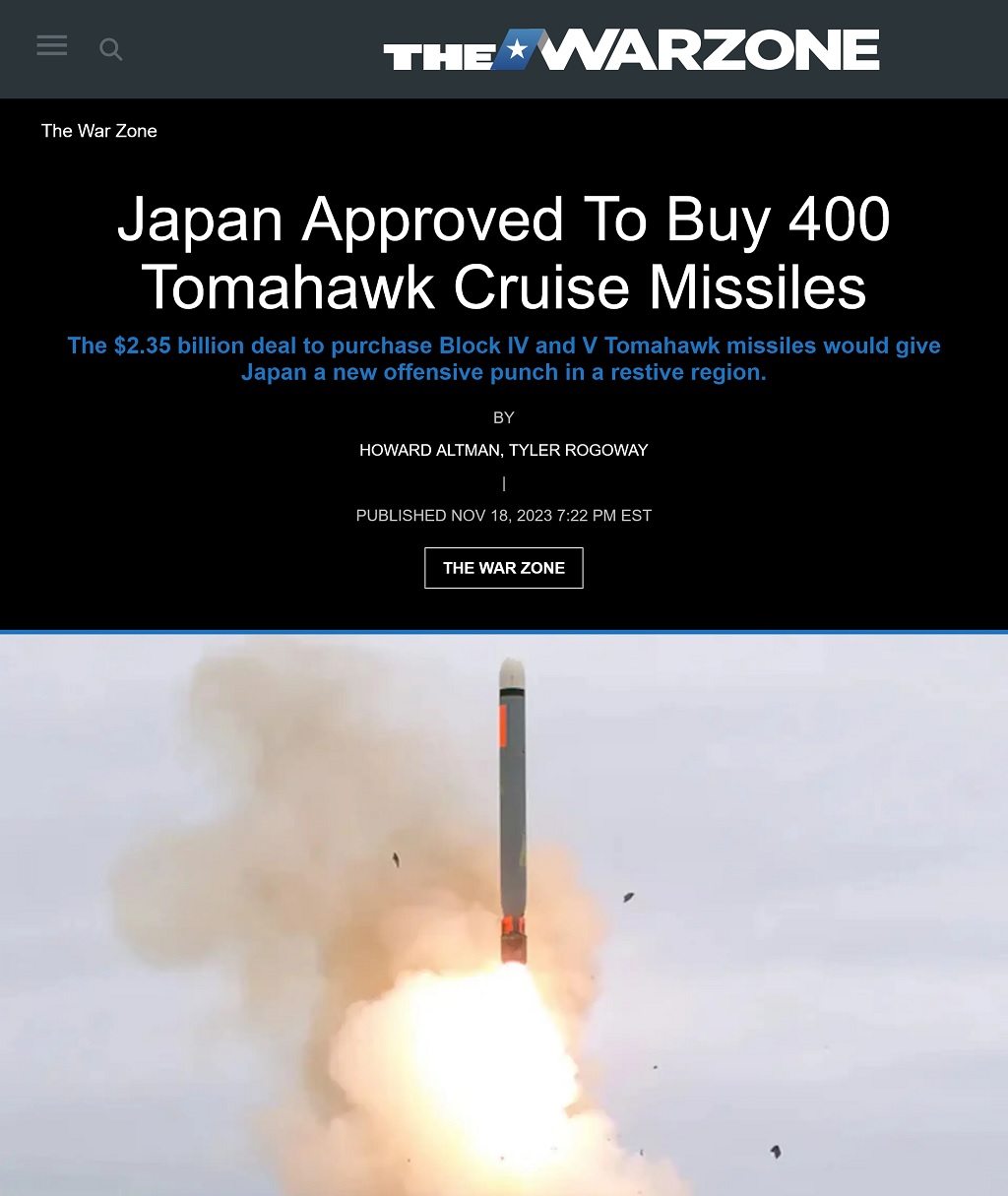 Japan Approved To Buy 400 Tomahawk Cruise Missiles by Howard Altman and Tyler Rogoway, The War Zone 11/18/2023