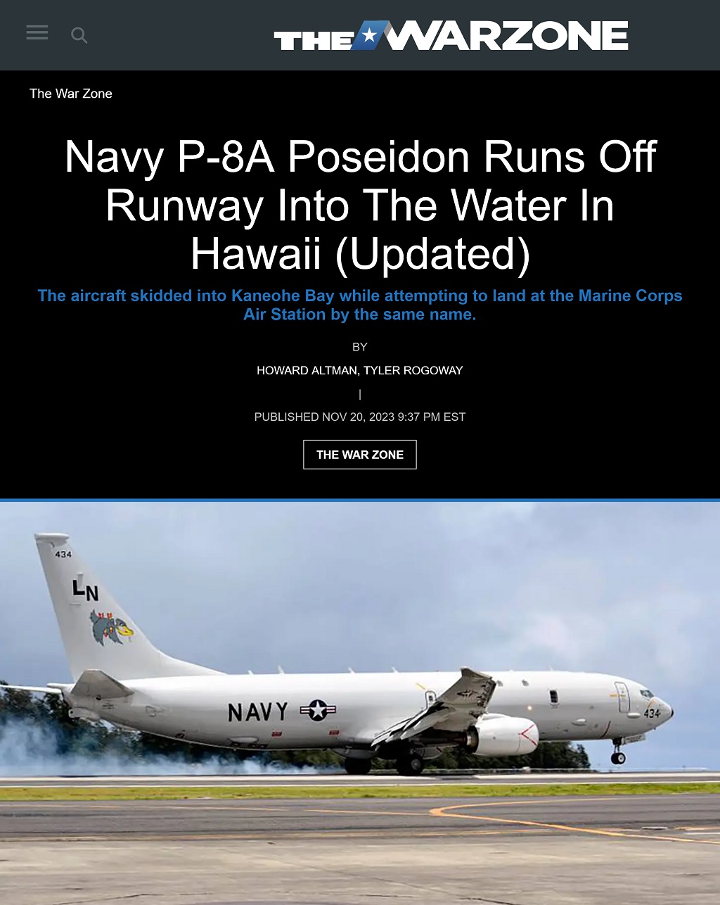 Navy P-8A Poseidon Runs Off Runway Into The Water In Hawaii -- Updated by Howard Altman and Tyler Rogoway, The War Zone 11/20/2023