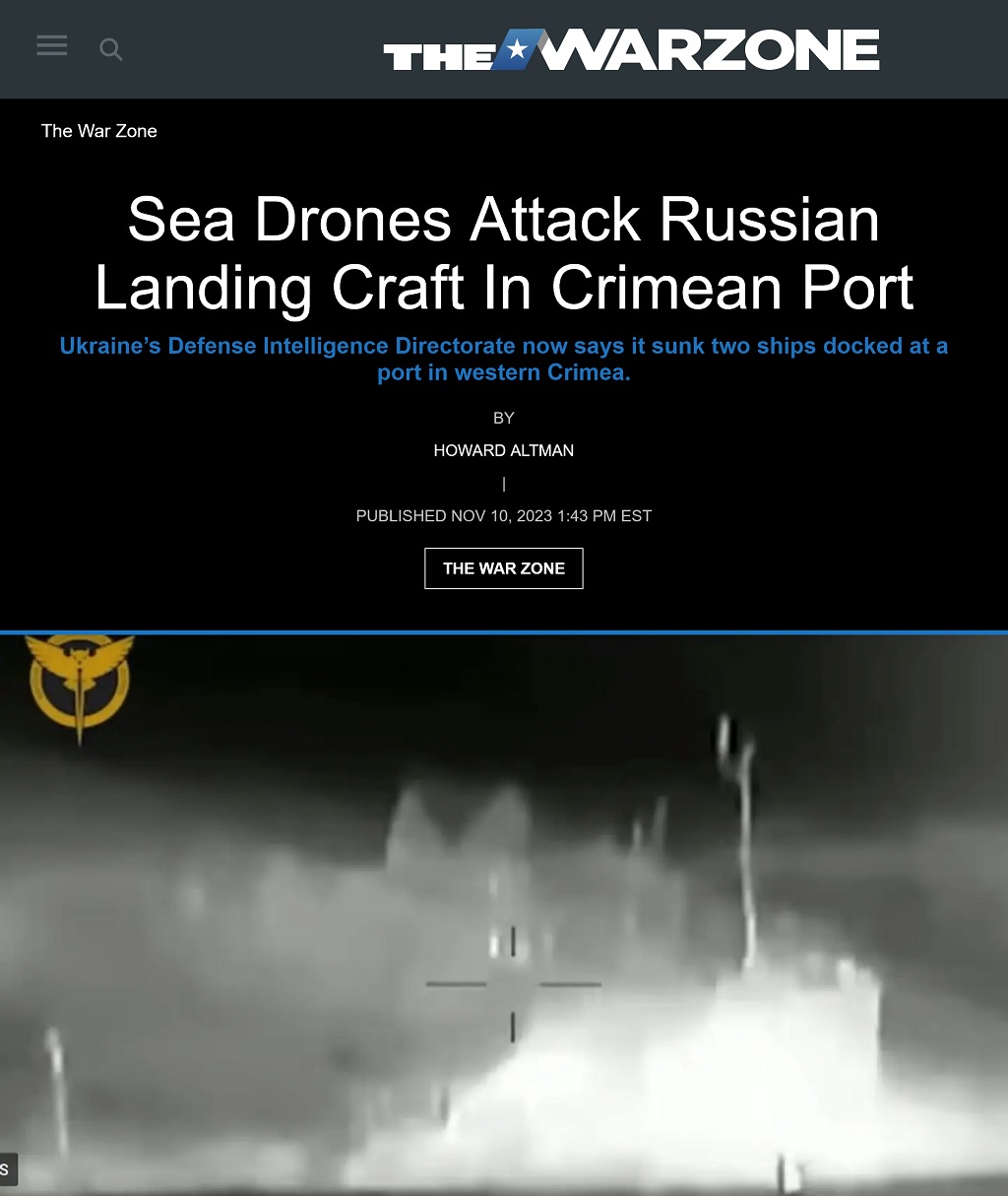 Sea Drones Attack Russian Landing Craft In Crimean Port by Howard Altman, The War Zone 11/10/2023