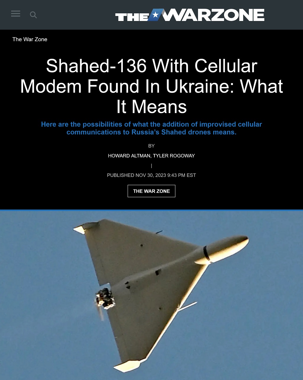 Shahed-136 With Cellular Modem Found In Ukraine: What It Means by Howard Altman and Tyler Rogoway, The War Zone, 11/30/2023