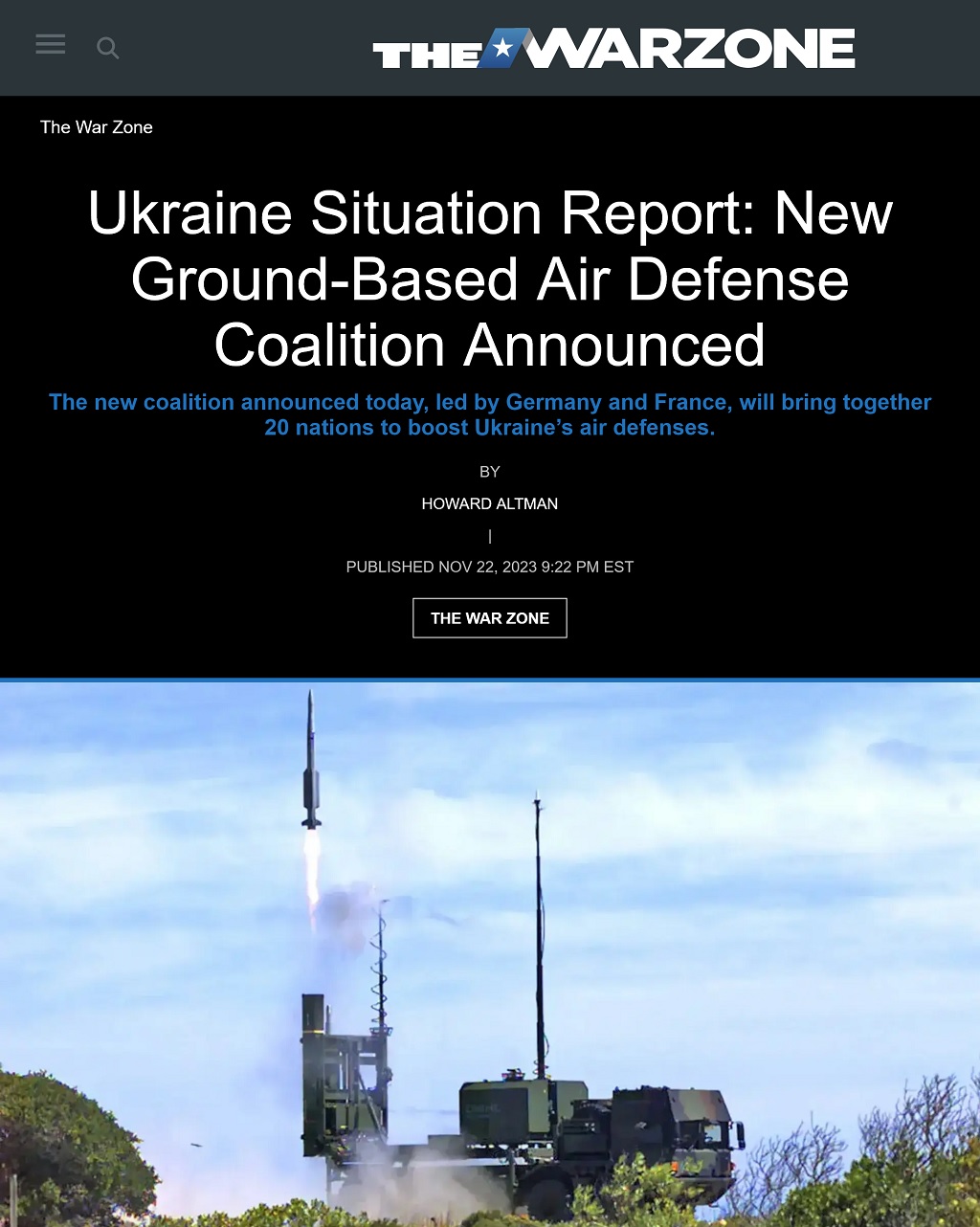 Ukraine Situation Report: New Ground-Based Air Defense Coalition Announced by Howard Altman, The War Zone, 11/22/2023