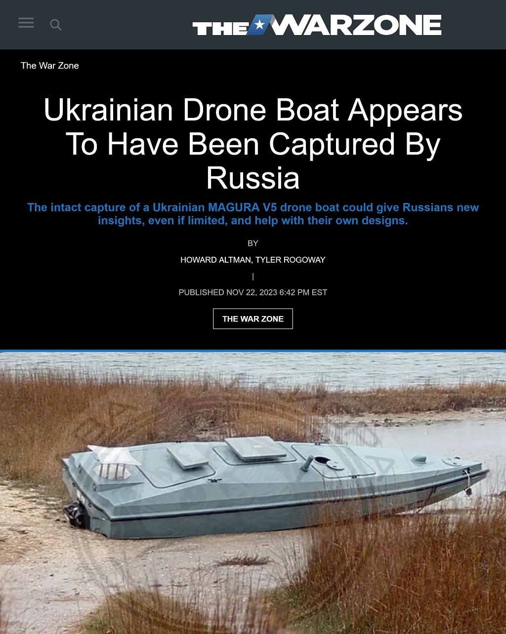 Ukrainian Drone Boat Appears To Have Been Captured By Russia by Howard Altman and Tyler Rogoway, The War Zone 11/22/2023