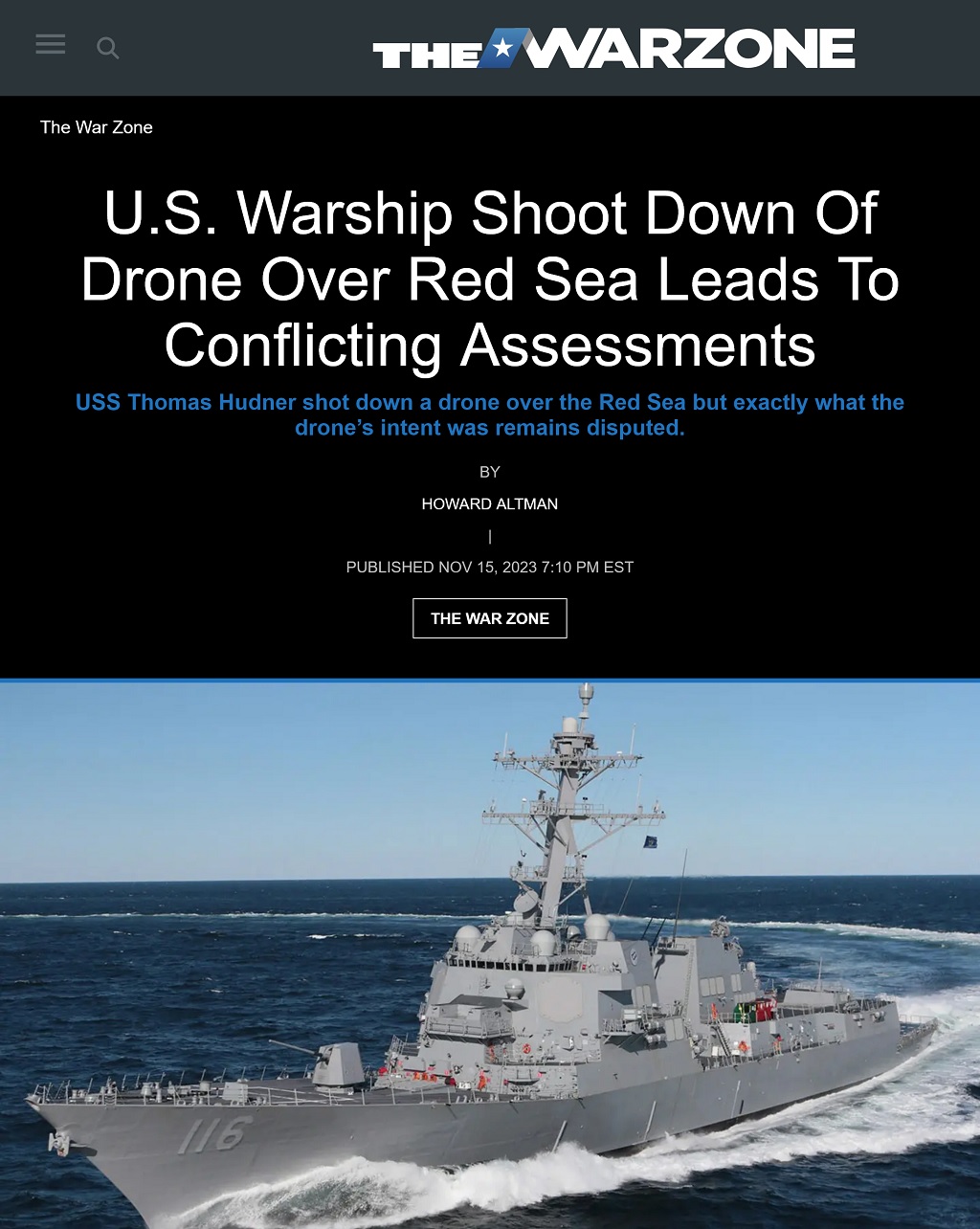 U.S. Warship Shoot Down Of Drone Over Red Sea Leads To Conflicting Assessments by Howard Altman, The War Zone, 11/15/2023