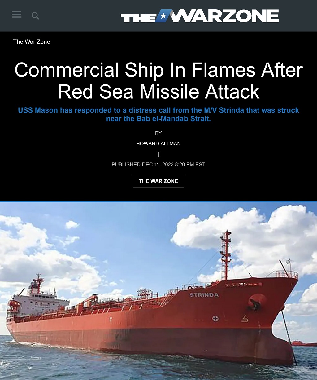 Commercial Ship In Flames After Red Sea Missile Attack by Howard Altman, The War Zone 12/11/2023