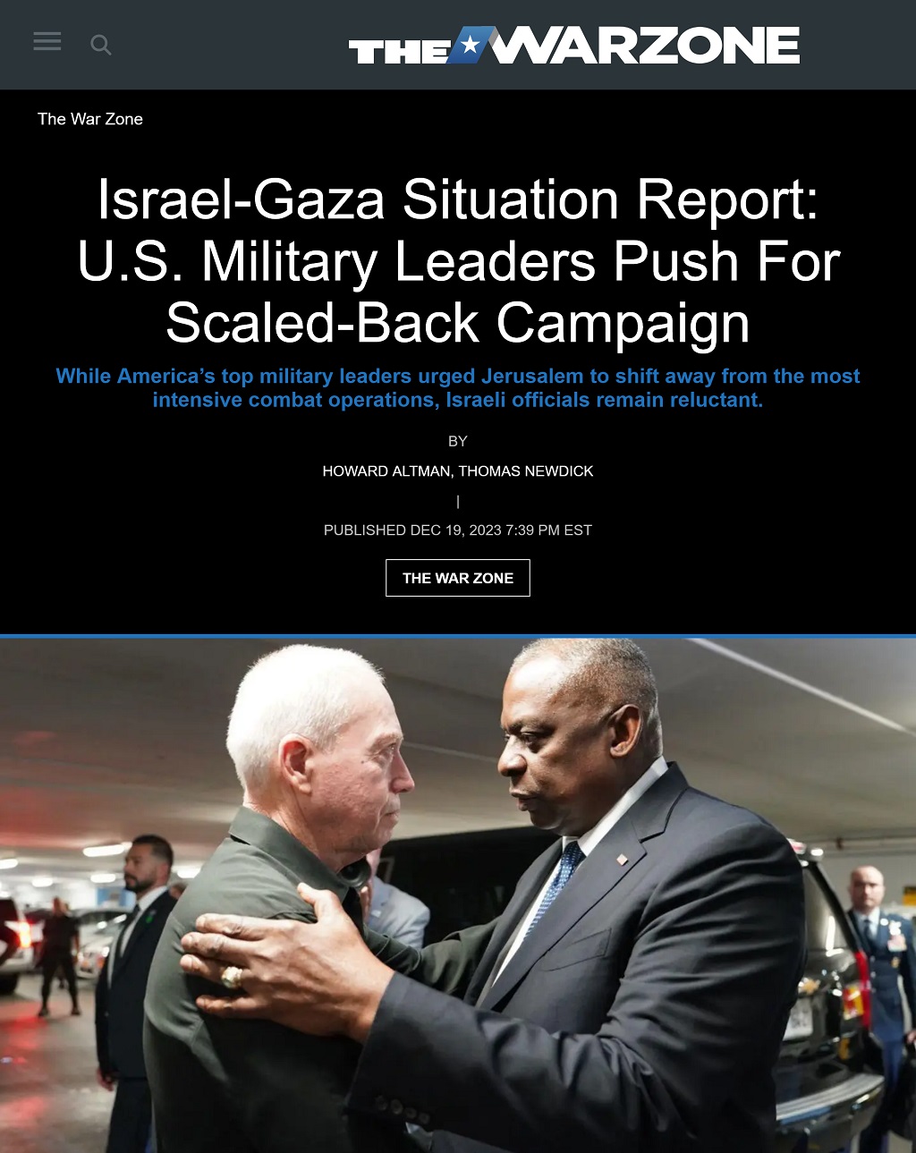 Israel-Gaza Situation Report: U.S. Military Leaders Push For Scaled-Back Campaign by Howard Altman, Thomas Newdick, The War Zone, December 19, 2023