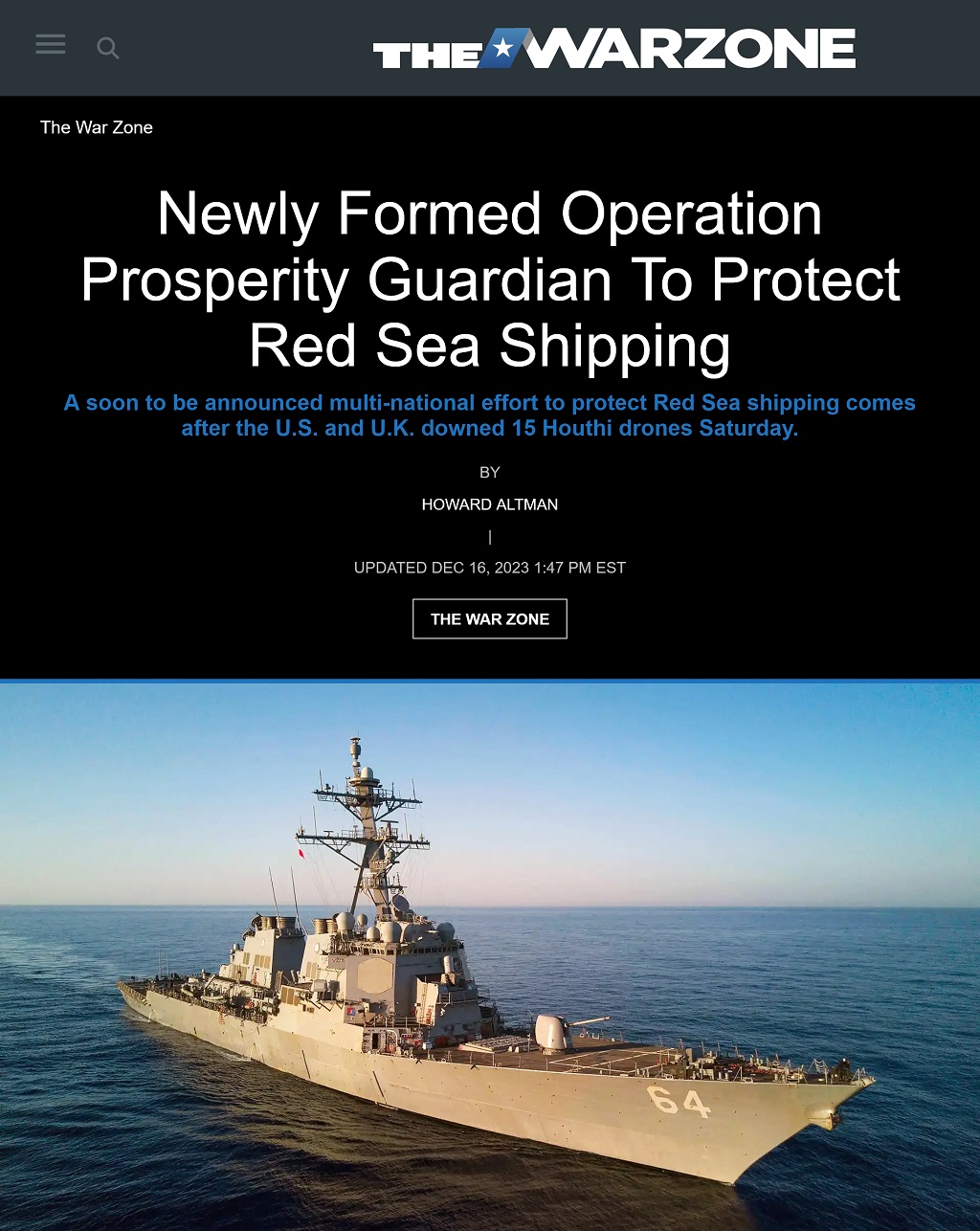 Newly Formed Operation Prosperity Guardian To Protect Red Sea Shipping by Howard Altman, The War Zone 12/16/2023