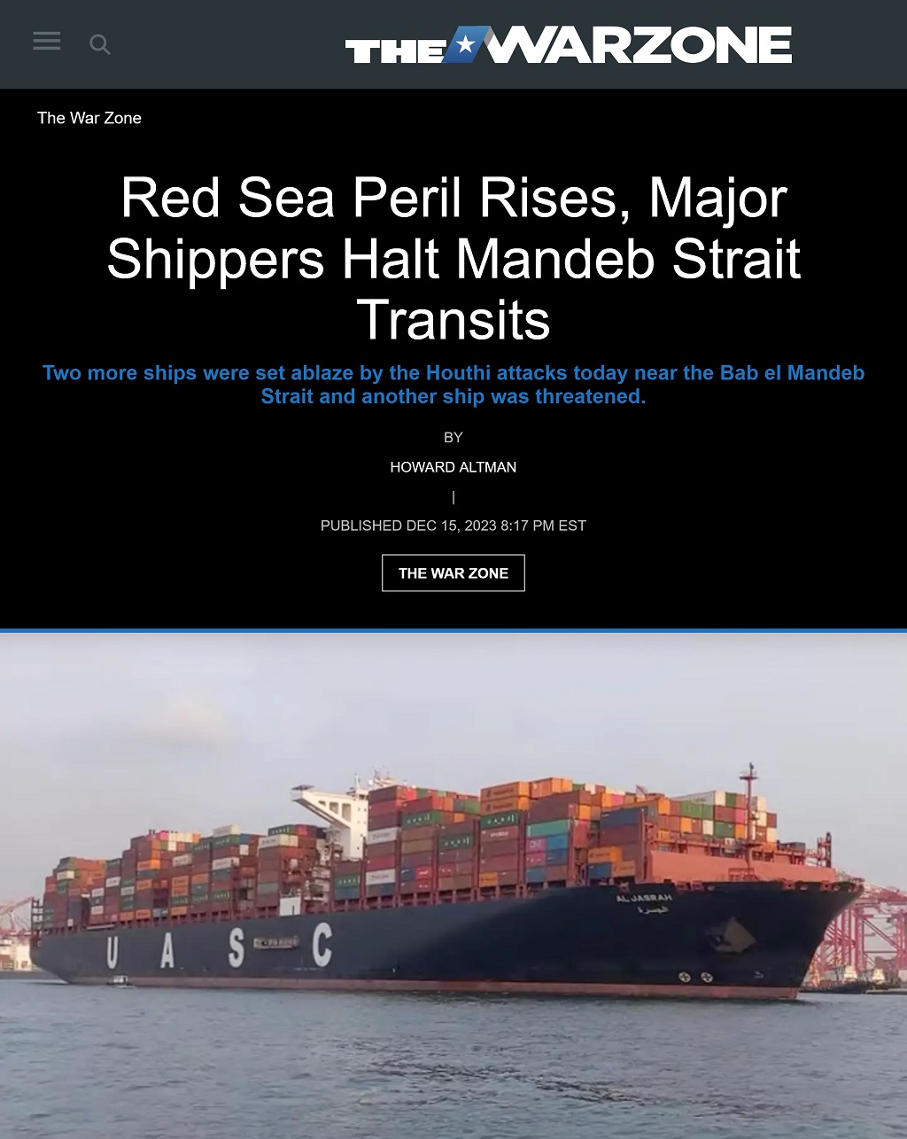 Red Sea Peril Rises, Major Shippers Halt Mandeb Strait Transits by Howard Altman, The War Zone 12/15/2023