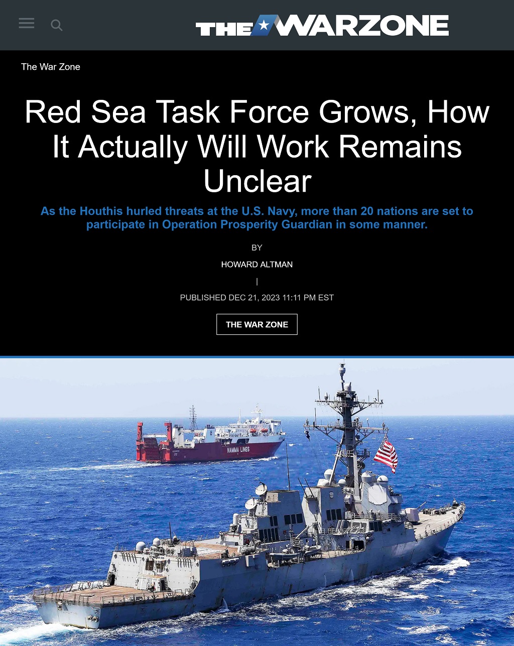 Red Sea Task Force Grows, How It Actually Will Work Remains Unclear by Howard Altman, The War Zone, 12/21/2023