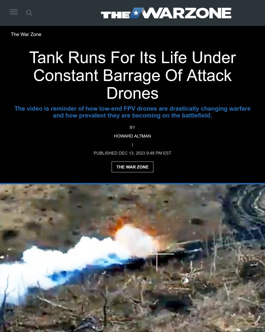 Tank Runs For Its Life Under Constant Barrage Of Attack Drones by Howard Altman, The War Zone 12/13/2023