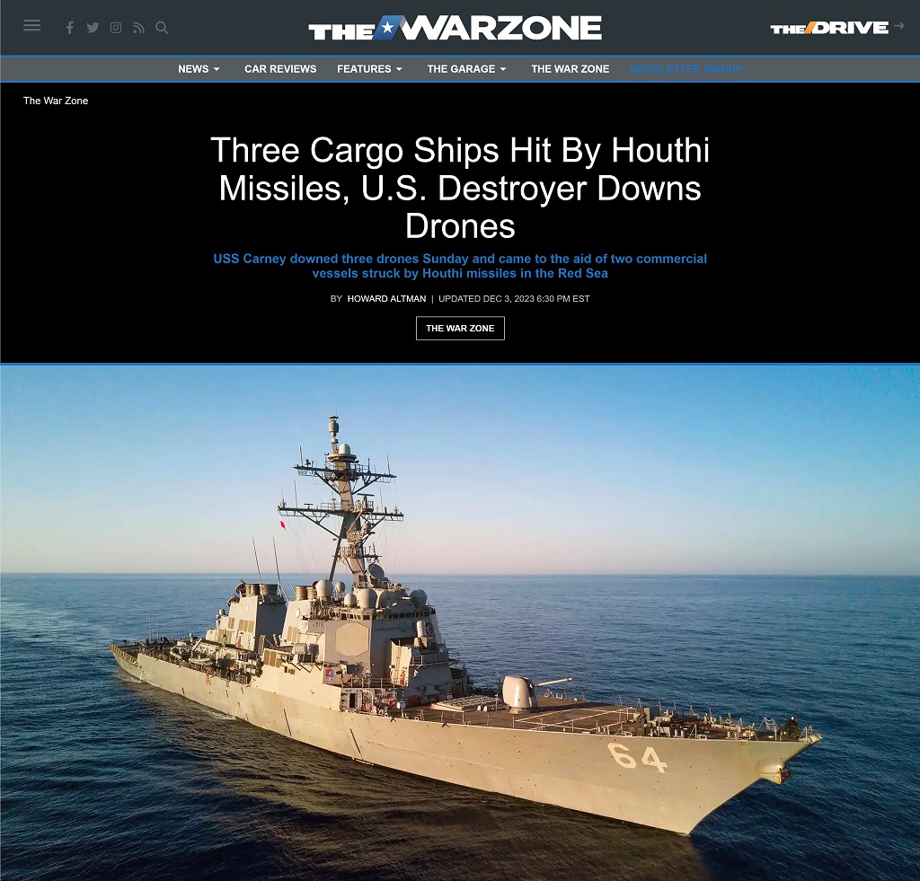 Three Cargo Ships Hit By Houthi Missiles, U.S. Destroyer Downs Drones by Howard Altman, The War Zone 12/3/2023