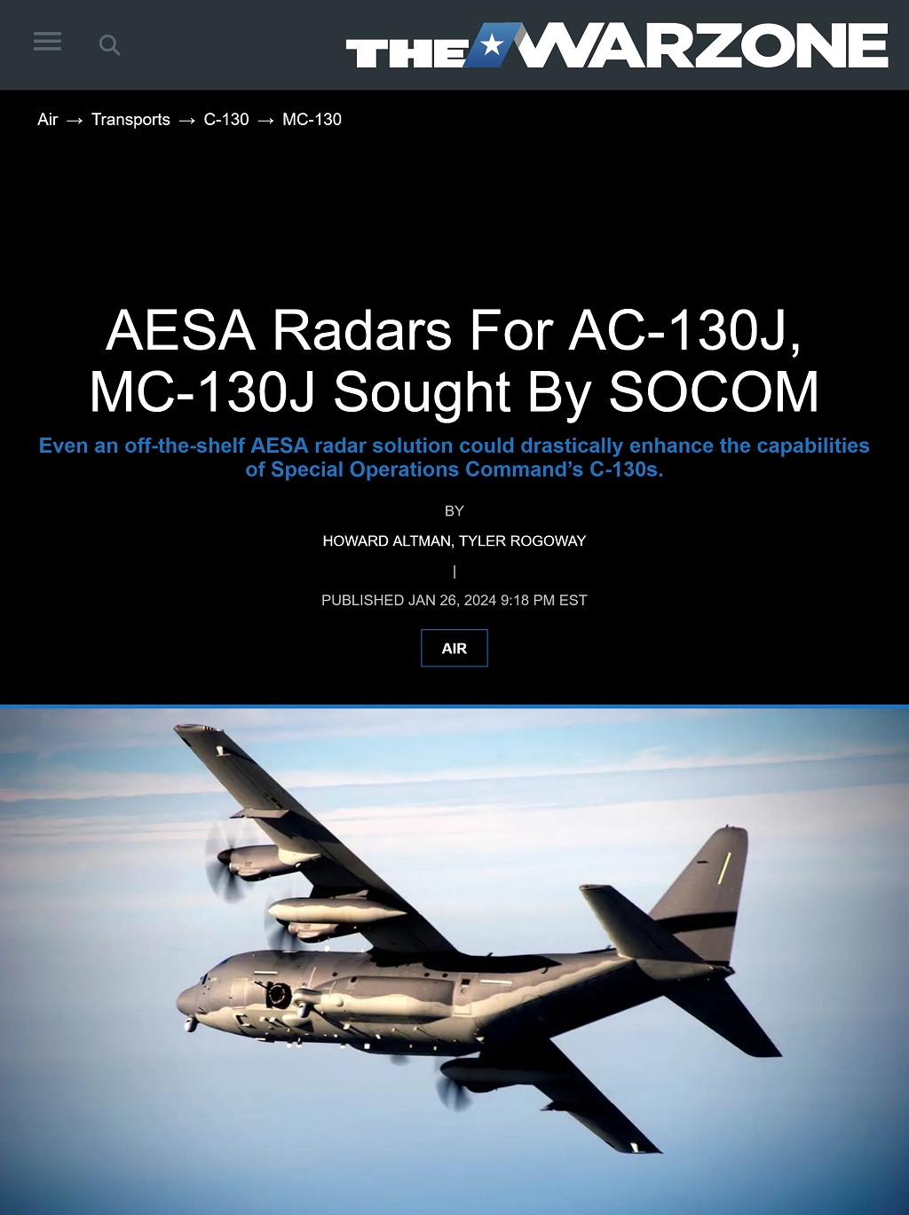 AESA Radars For AC-130J, MC-130J Sought By SOCOM by Howard Altman and Tyler Rogoway, The War Zone 1/26/2024