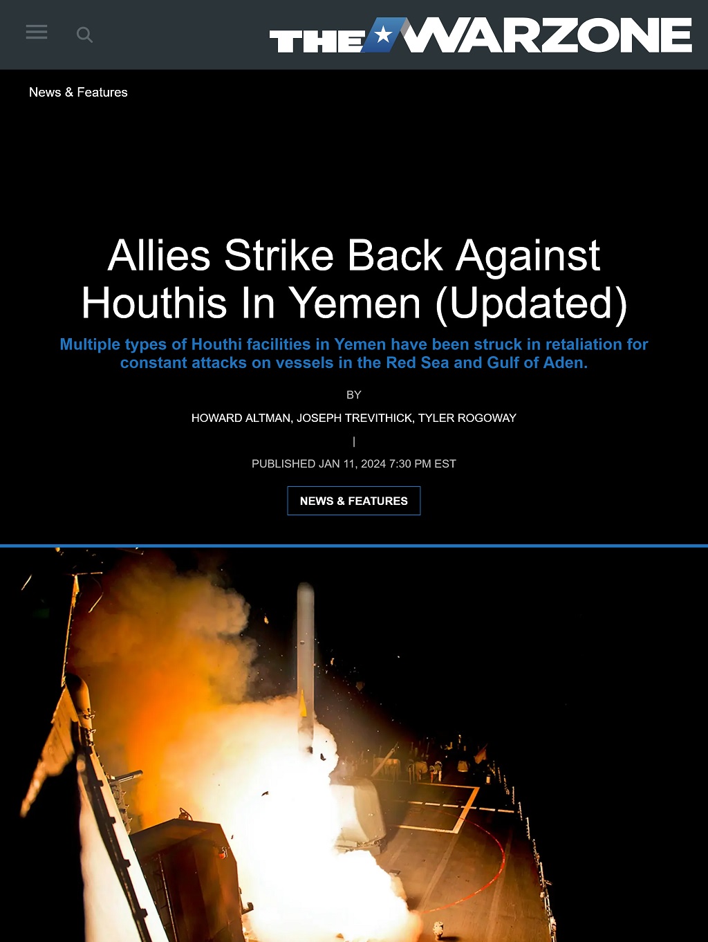Allies Strike Back Against Houthis In Yemen - Updated by Howard Altman, Joseph Trevithick, Tyler Rogoway, The War Zone 1/11/2024