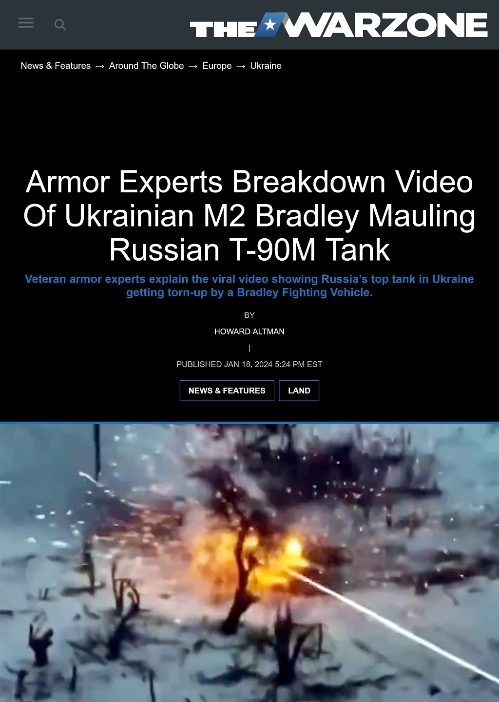 Armor Experts Breakdown Video Of Ukrainian M2 Bradley Mauling Russian T-90M Tank by Howard Altman, The War Zone 1/18/2024