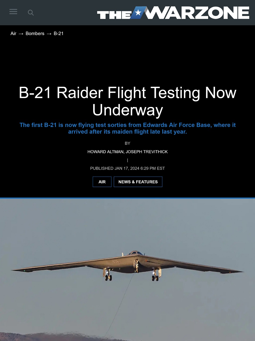B-21 Raider Flight Testing Now Underway by Howard Altman and Joseph Trevithick, The War Zone 1/17/2024