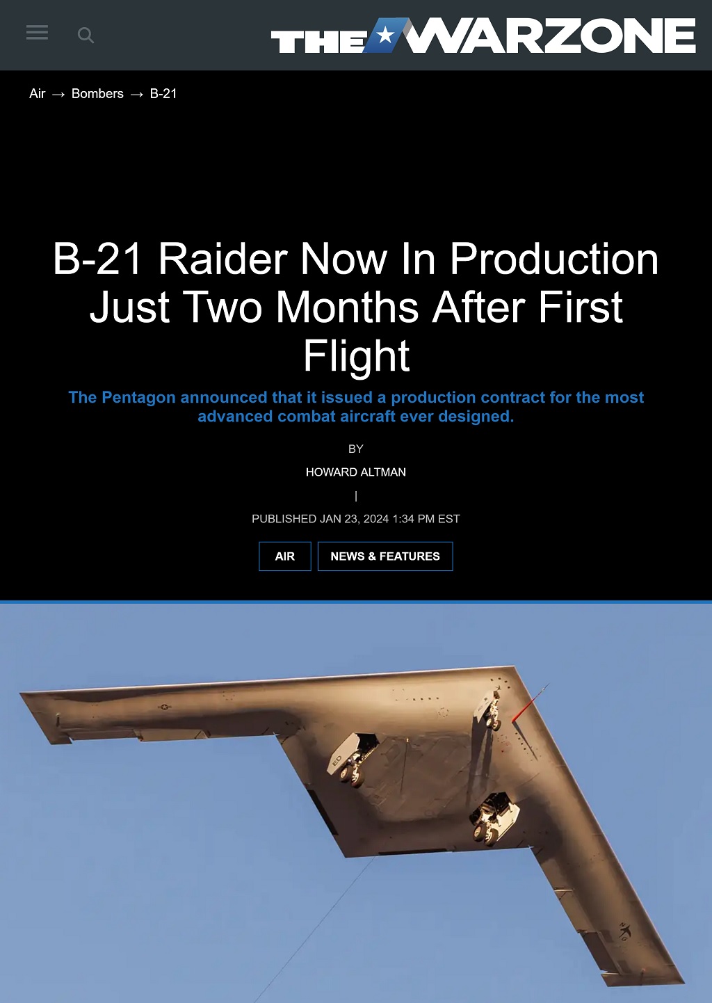 B-21 Raider Now In Production Just Two Months After First Flight by Howard Altman, The War Zone 1/23/2024