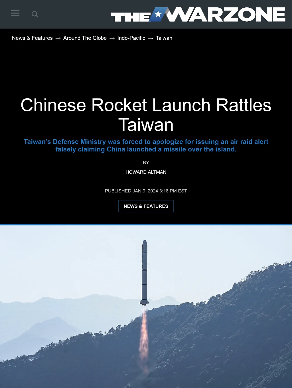 Chinese Rocket Launch Rattles Taiwan by Howard Altman, The War Zone 1/9/2024