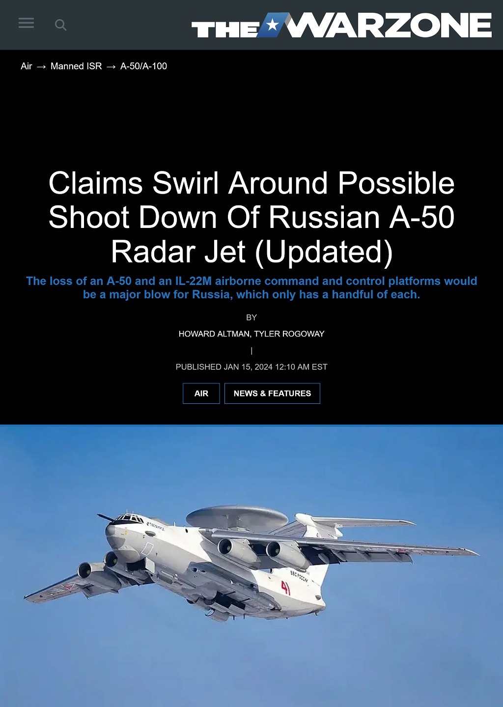 Claims Swirl Around Possible Shoot Down Of Russian A-50 Radar Jet - Updated by Howard Altman and Tyler Rogoway, The War Zone 1/15/2024