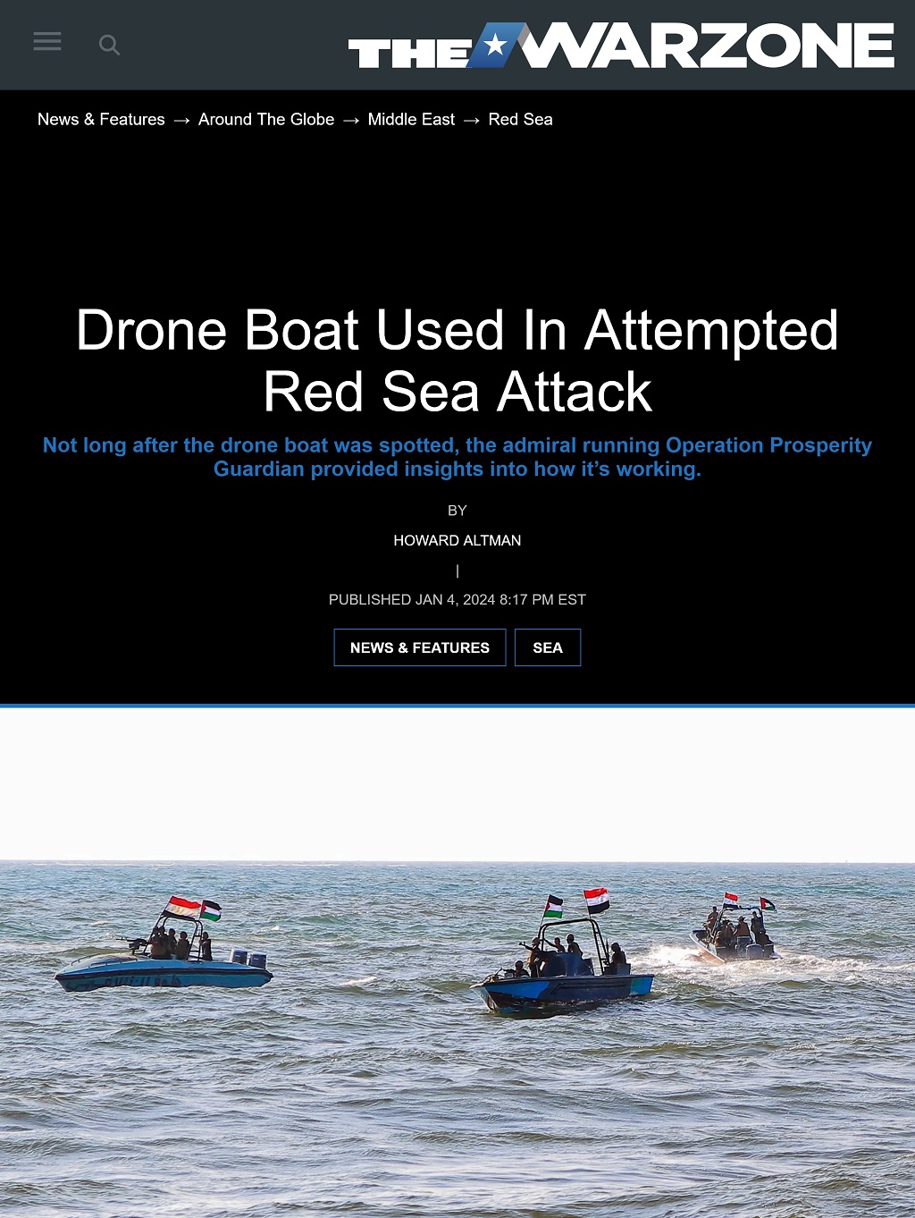 Drone Boat Used In Attempted Red Sea Attack by Howard Altman, The War Zone 1/4/2024