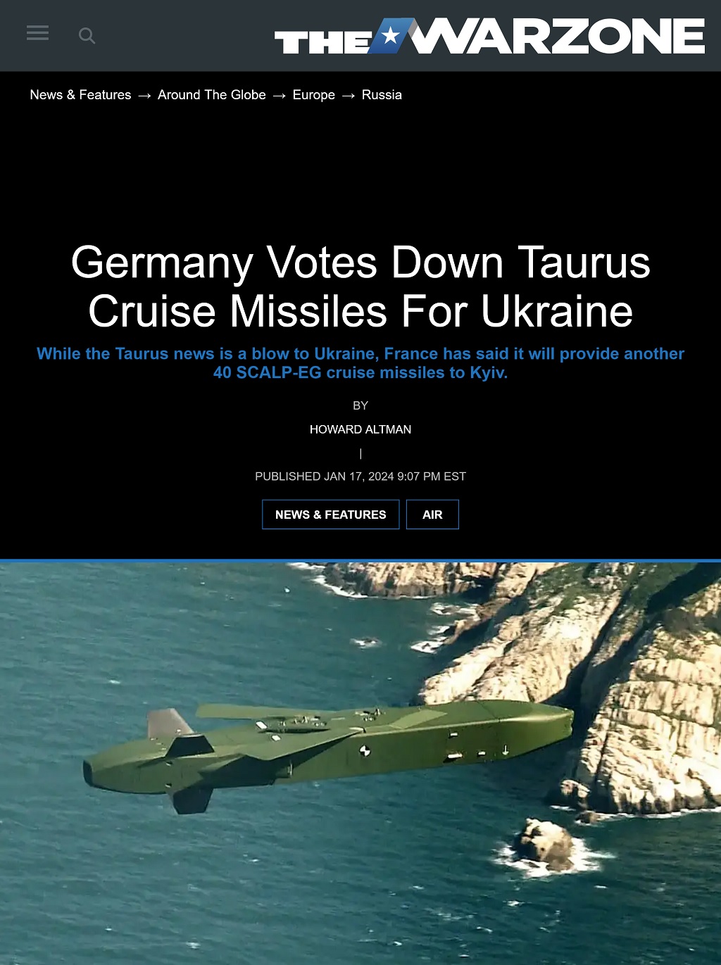 Germany Votes Down Taurus Cruise Missiles For Ukraine by Howard Altman, The War Zone, 1/17/2024