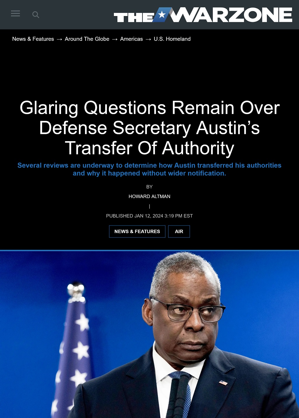 Glaring Questions Remain Over Defense Secretary Austin’s Transfer Of Authority by Howard Altman, The War Zone 1/19/2024