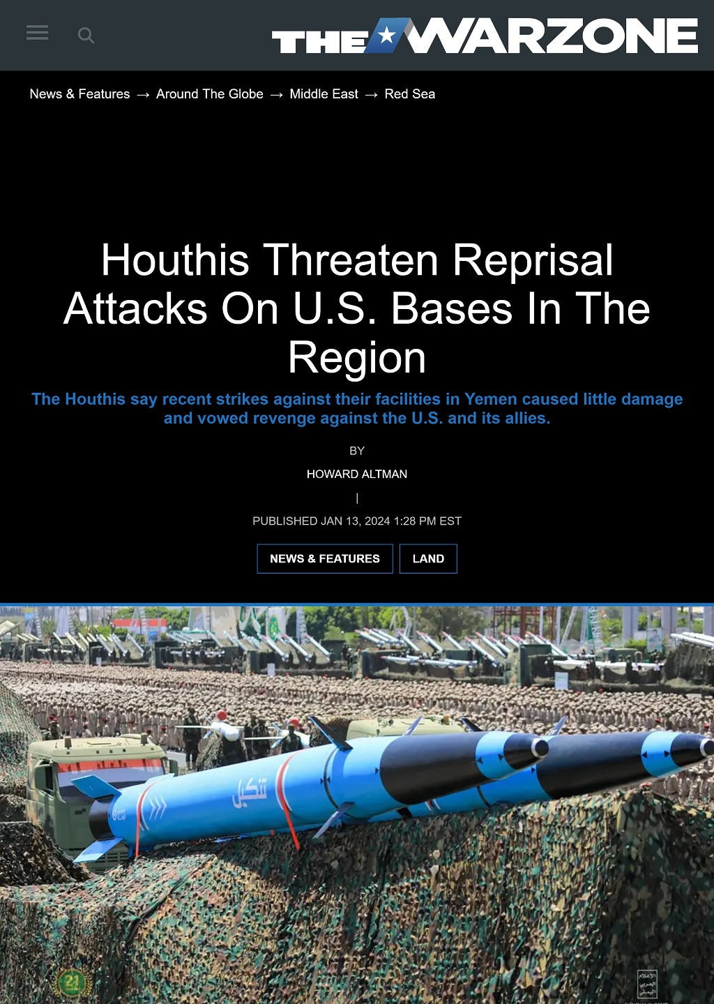 Houthis Threaten Reprisal Attacks On U.S. Bases In The Region by Howard Altman, The War Zone 1/13/2024