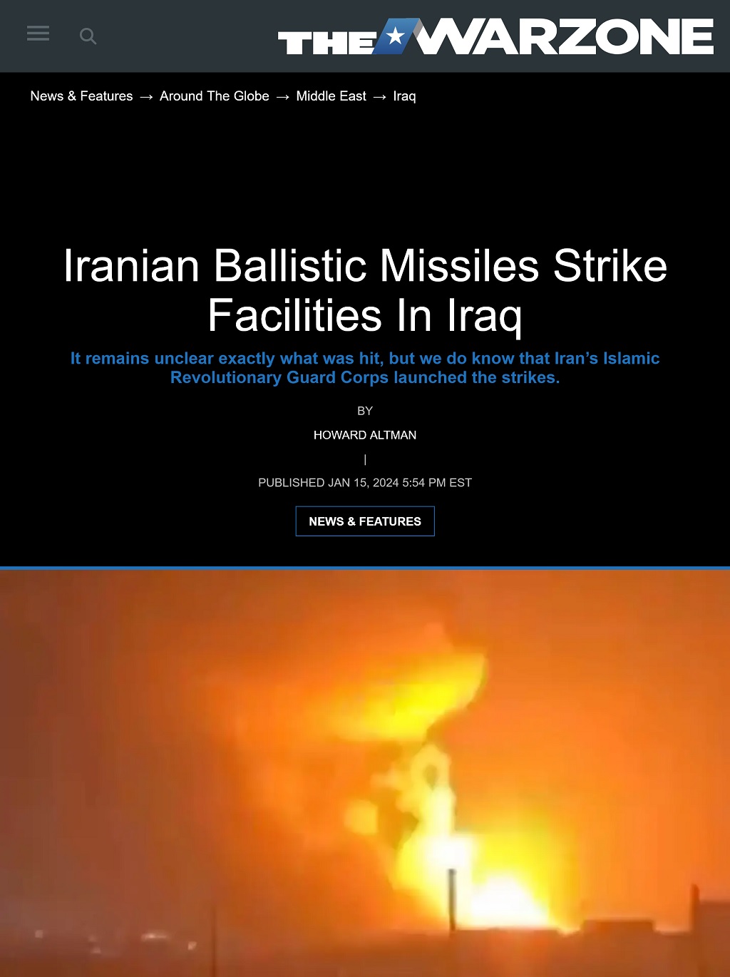 Iranian Ballistic Missiles Strike Facilities In Iraq by Howard Altman, The War Zone 1/15/2024