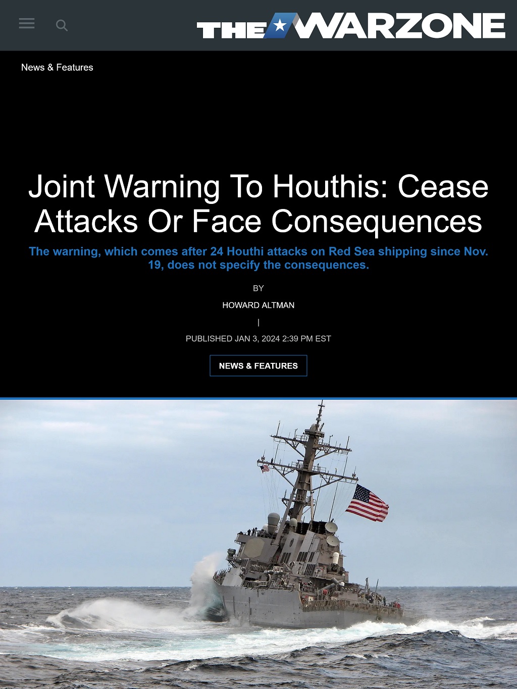 Joint Warning To Houthis: Cease Attacks Or Face Consequences by Howard Altman, The War Zone 1/3/2024