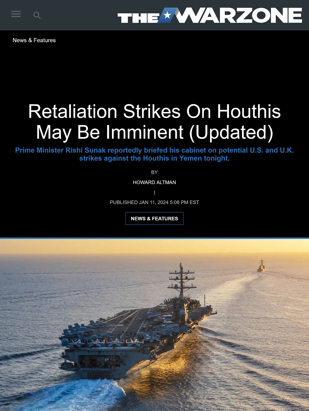 Retaliation Strikes On Houthis May Be Imminent - Updated by Howard Altman, The War Zone 1/11/2024