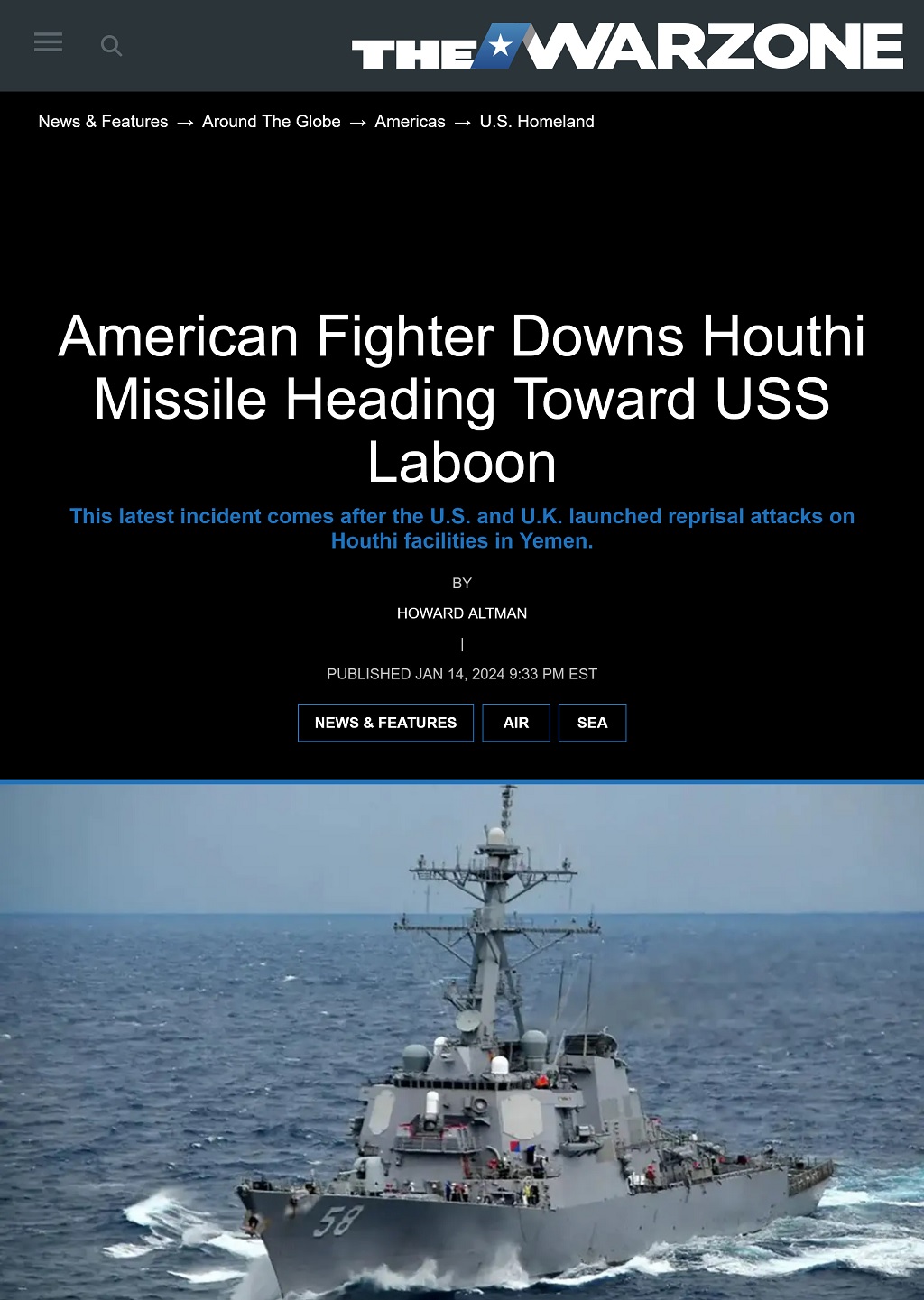 American Fighter Downs Houthi Missile Heading Toward USS Laboon by Howard Altman, The War Zone 1/14/2024
