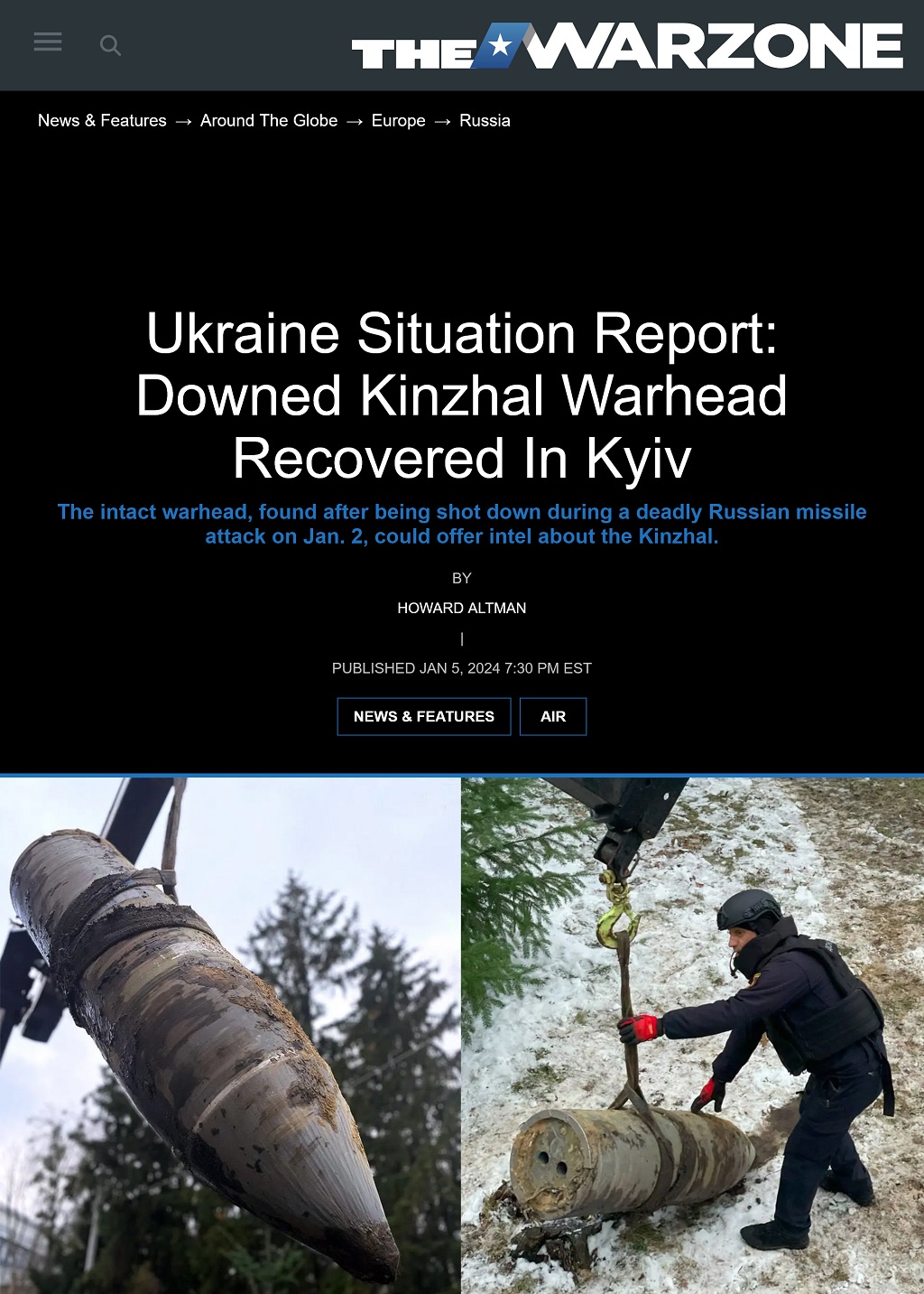 Ukraine Situation Report: Downed Kinzhal Warhead Recovered In Kyiv by Howard Altman, The War Zone 1/5/2024