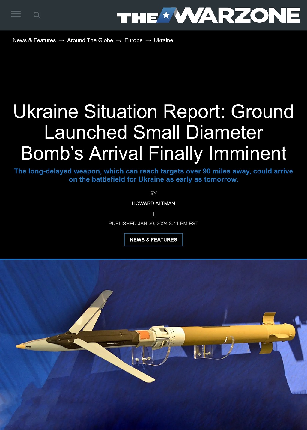 Article Ukraine Situation Report: Ground Launched Small Diameter Bomb’s Arrival Finally Imminent by Howard Altman, The War Zone 1/30/2024