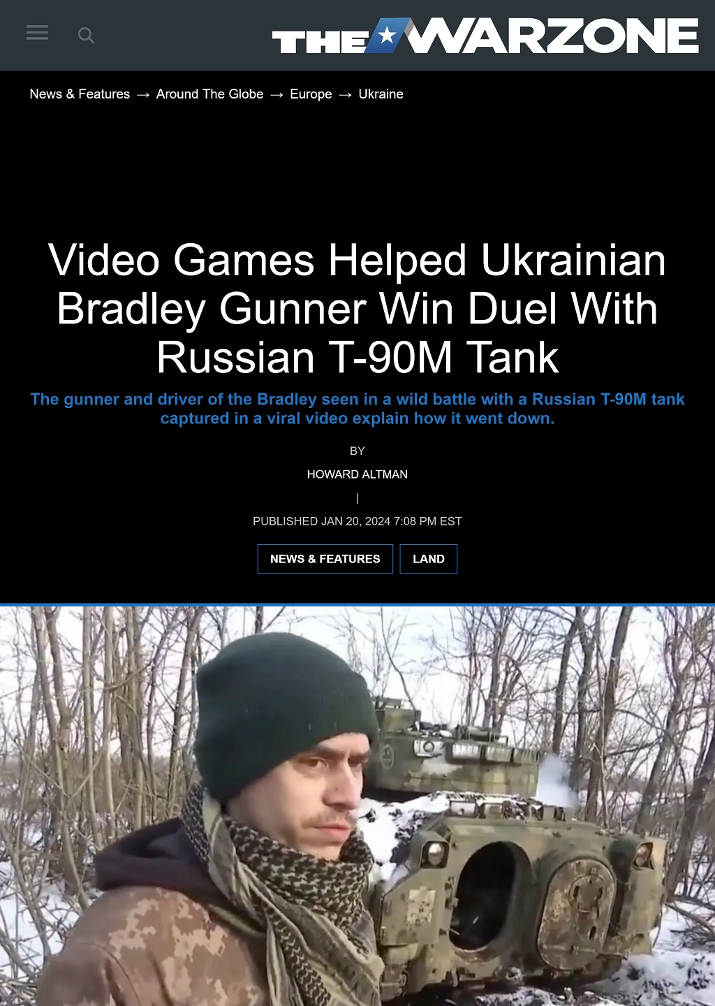 Video Games Helped Ukrainian Bradley Gunner Win Duel With Russian T-90M Tank by Howard Altman, The War Zone 1/20/2024