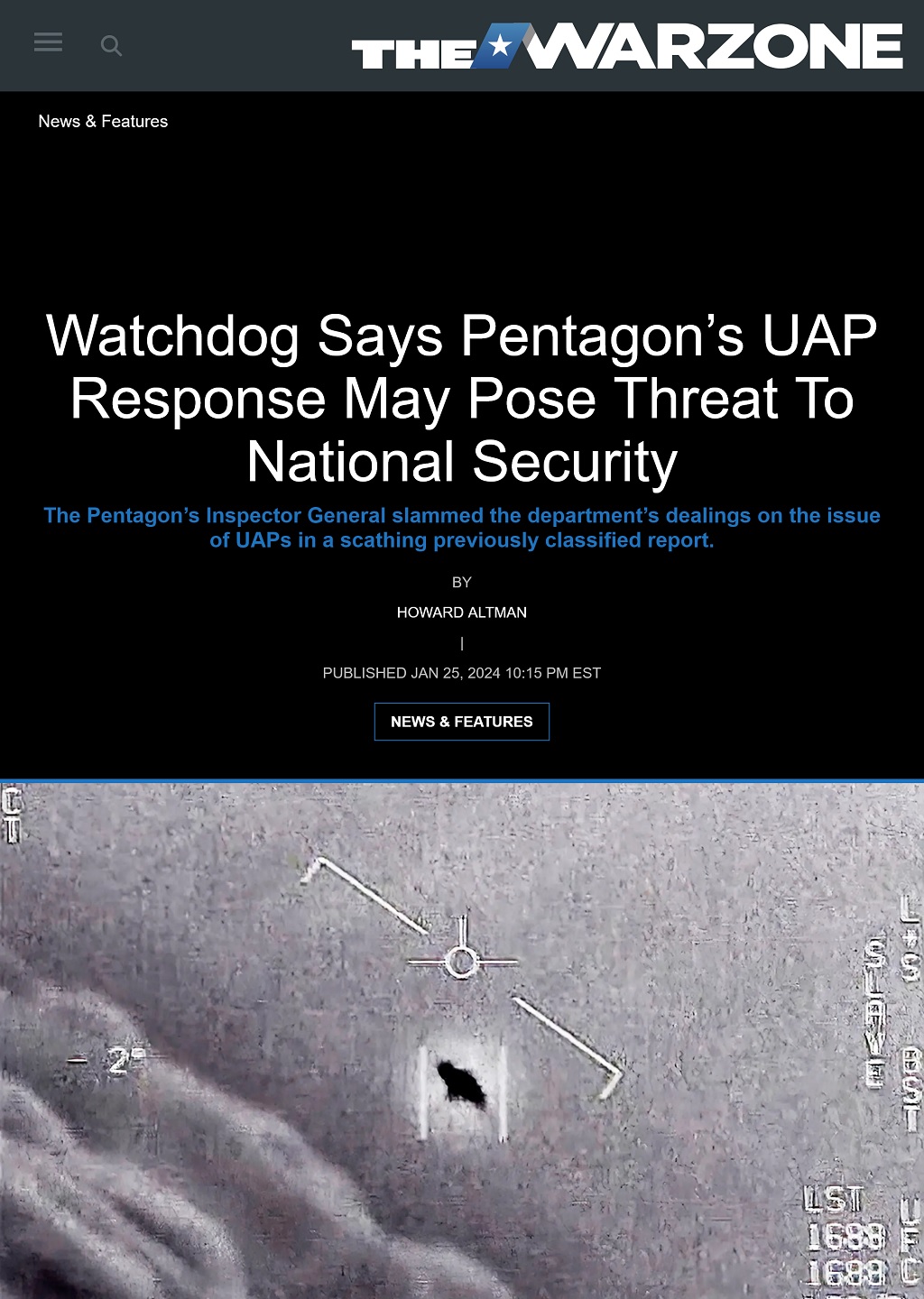 Watchdog Says Pentagon’s UAP Response May Pose Threat To National Security by Howard Altman, The War Zone 1/25/2025