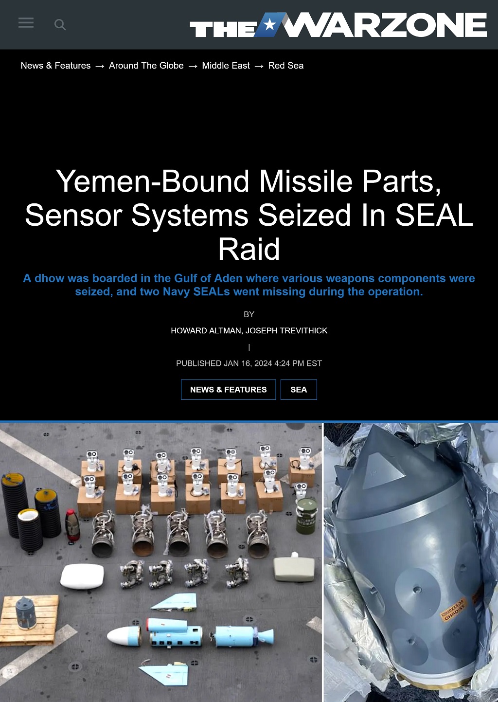 Yemen-Bound Missile Parts, Sensor Systems Seized In SEAL Raid by Howard Altman and Joseph Trevithick, The War Zone 1/16/2024