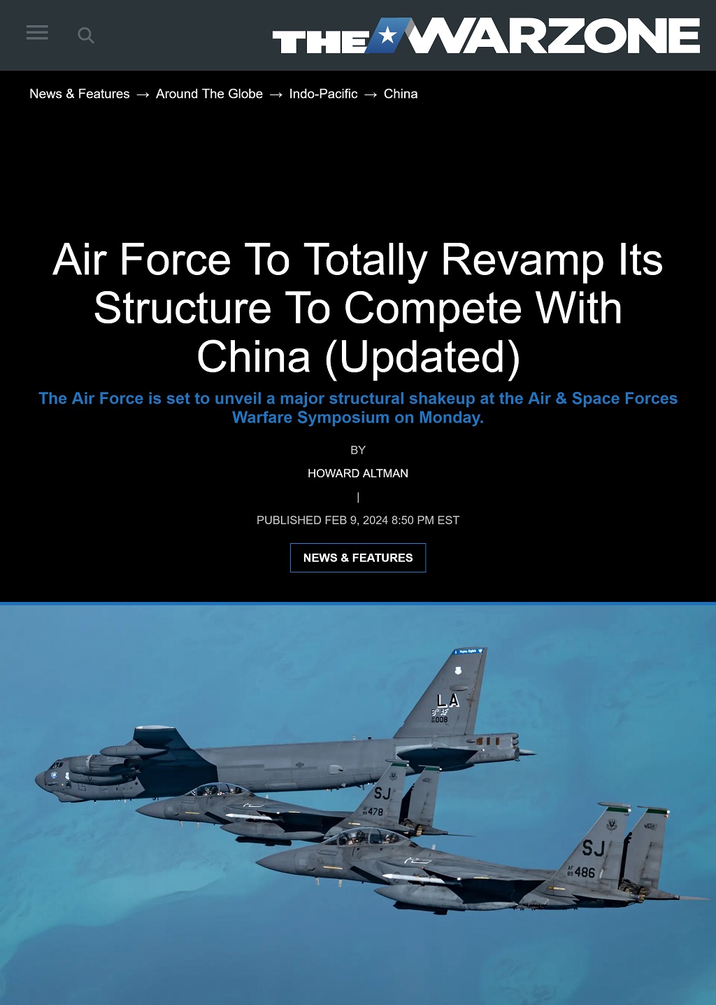 Air Force To Totally Revamp Its Structure To Compete With China - Updated by Howard Altman, The War Zone 2/9/2024