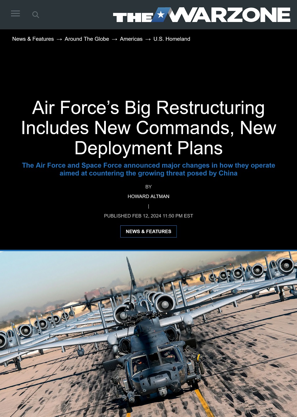 Air Force’s Big Restructuring Includes New Commands, New Deployment Plans by Howard Altman, The War Zone, 2/12/2024