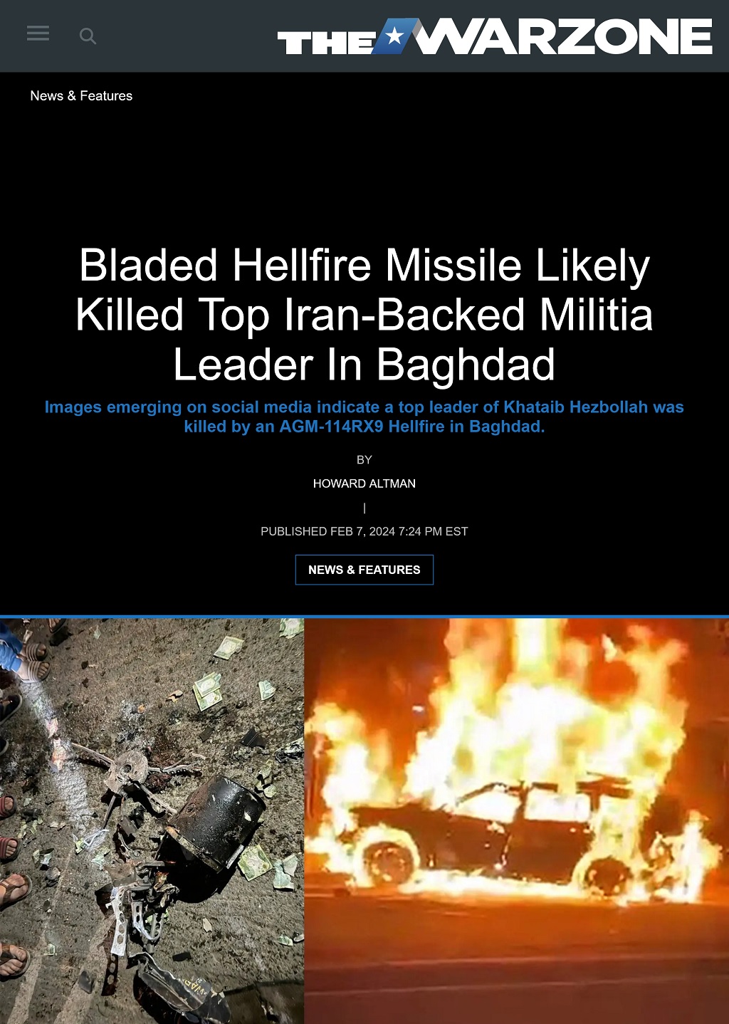 Bladed Hellfire Missile Likely Killed Top Iran-Backed Militia Leader In Baghdad by Howard Altman, The War Zone 2/7/2024