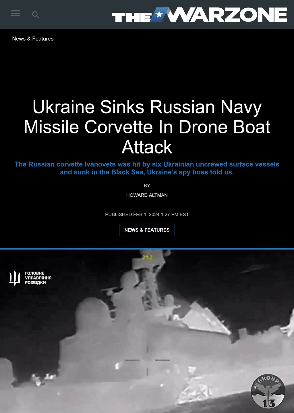 Ukraine Sinks Russian Navy Missile Corvette In Drone Boat Attack by Howard Altman, The War Zone 2/1/2024