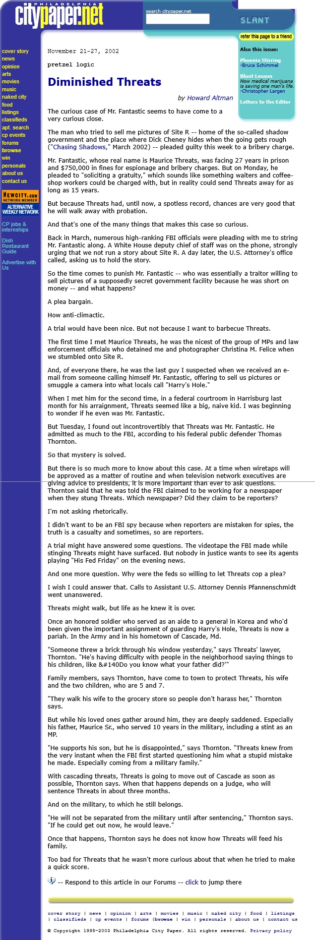 Diminished Threats Pretzel Logic by Howard Altman City Paper 11/21/2002